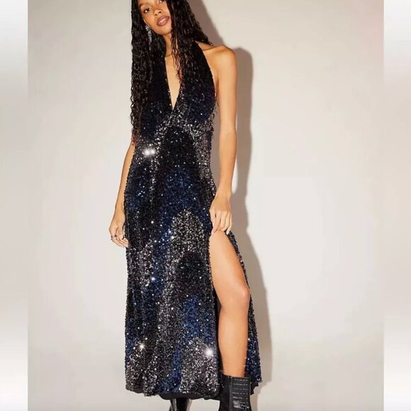 NWT! FREE PEOPLE Glitter & Gold Midi Dress Sequin Midnight Navy Black Silver S